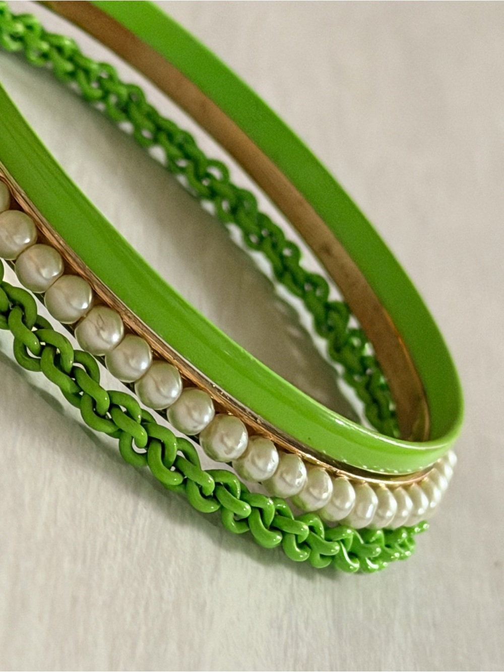Stacked Set 3 Green White Faux Pearls Rhinestones Women's Bangle Bracelets